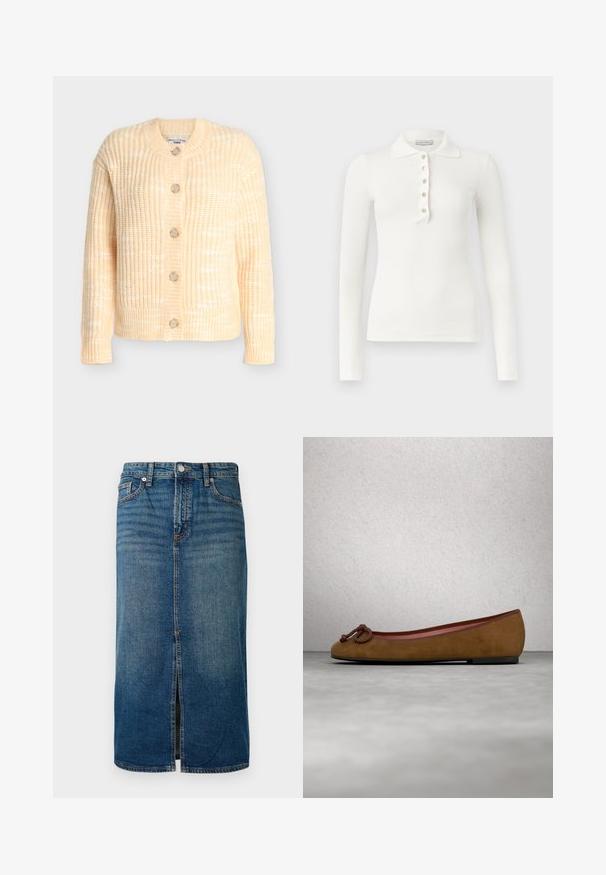 Strikket cardigan i lys gul med et tekstureret mønster, rund hals og fem træknapper foran. Lange ærmer, kort længde.; Hvid langærmet, ribstrikket polo med fem knapper og en slå-krave på en ensfarvet baggrund.; Mørkeblå denim midi-skjørt med en frontslids, fem lommer og kontrastsyning. Har en knap- og lynlåslukning i taljen.; Brune ruskinds ballerina med afrundet tå, med en knyttet detalje på fronten, tynd rød kant og en flad sort sål.