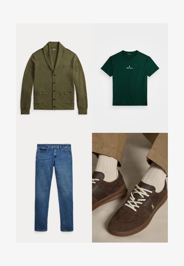 Cárdigan verde oliva con botones, cuello chal, mangas largas, dos bolsillos delanteros y un pequeño logo de caballo bordado en el pecho.; Camiseta de algodón verde con cuello redondo, mangas cortas y logo bordado en blanco de "Ralph Lauren" en el pecho. Textura suave, diseño sencillo.; Jeans de mezclilla azul con un corte ajustado, que cuentan con bolsillos delanteros, trabillas para cinturón y un cierre de botón sobre un fondo blanco.; Zapatillas de ante marrón con cordones blancos, usadas con calcetines beige con canalé y pantalones marrón claro.