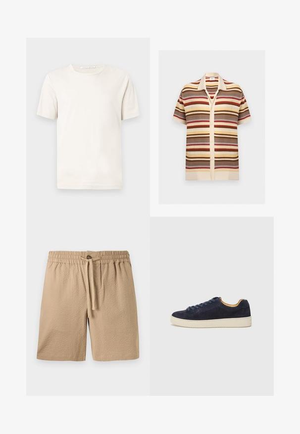 Chemise en maille à manches courtes avec boutons, rayures horizontales en tons beige, marron, crème, rouge et jaune, avec col et tissu texturé.; T-shirt blanc uni à manches courtes et col rond, avec étiquette "Tiger of Sweden" sur le col, présenté sur un fond gris clair.; Short beige en tissu texturé avec taille élastique, cordon de serrage et fermeture par un seul bouton au centre devant.; Baskets basses en suede bleu marine avec bout arrondi, semelle en caoutchouc blanc cassé et lacets assortis ; dotées d'une doublure intérieure contrastante couleur tan.