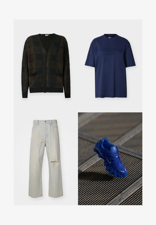 Zwart-bruine geblokte cardigan met V-hals, sluiting met vier knopen, twee voorkanten zakken en geribbelde manchetten en zoom in zacht, gestructureerd stof.; Navyblauw T-shirt met korte mouwen en "TOMMY JEANS Since 1985 New York City" geborduurd op de borst in bijpassende draad.; Lichtblauwe spijkerbroek met een losse pasvorm, voorzien van rafelige scheuren aan de voorkant, een knoopsluiting en een verwassen uitstraling.; Blauwe sportschoen met een bovenwerk van mesh, een gestructureerd ontwerp en een opvallende zool met duidelijke dempingselementen en reflecterende accenten.