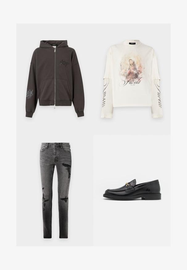 Dunkelgrauer Kapuzenpullover mit Reißverschluss und Kapuze, mit grafischen Prints auf der Vorderseite und am rechten Ärmel sowie Vordertaschen. Weicher Stoff mit gerippten Bündchen.; Weißes Langarmshirt mit geschichteten Ärmeln, mit einer Illustration einer betenden Frau und dem Schriftzug "Favela" auf der Vorderseite und dem Ärmel.; Schwarze Denim-Jeans mit Rissdetails, schlankem Schnitt, fünf Taschen und klassischem Reißverschluss. Abgetragenes Aussehen mit verblassten Stellen.; Schwarze Lederleter mit einer abgerundeten Zehenpartie, ausgestattet mit goldenen Hardwareakzenten und Stichdetails, auf einer niedrigen, strukturierten Gummisohle.