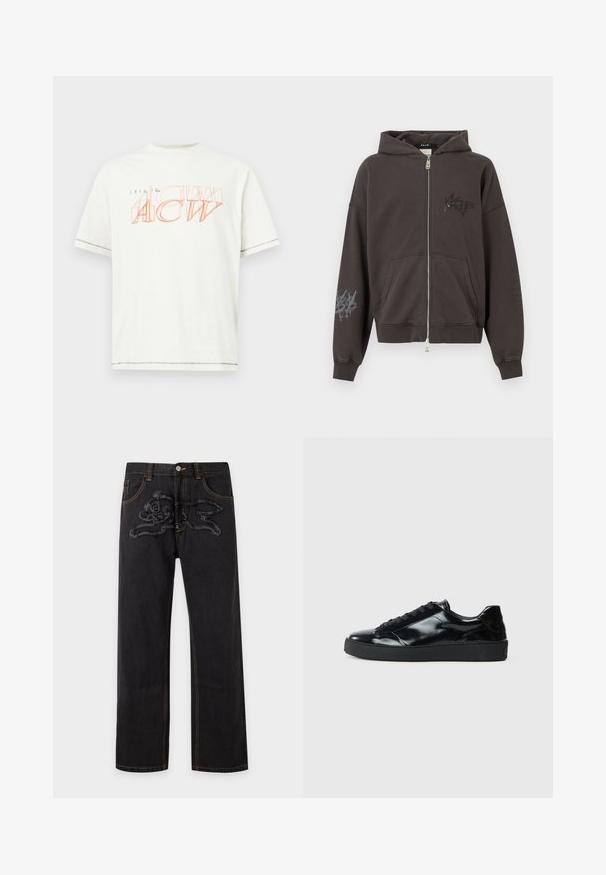 Sweat à capuche zippé gris foncé avec capuche, présentant des imprimés graphiques sur le devant et la manche droite, ainsi que des poches avant. Tissu doux avec poignets côtelés.; T-shirt à manches courtes blanc en coton. Présente un texte en orange superposé et contouré. Ourlet droit avec un détail de couture subtil.; Jean noir droit avec un motif brodé texturé représentant un lapin de dessin animé sur la partie supérieure avant de la cuisse.; Baskets en cuir verni noir avec un bout arrondi, un laçage, une semelle en caoutchouc texturé et une finition lisse.