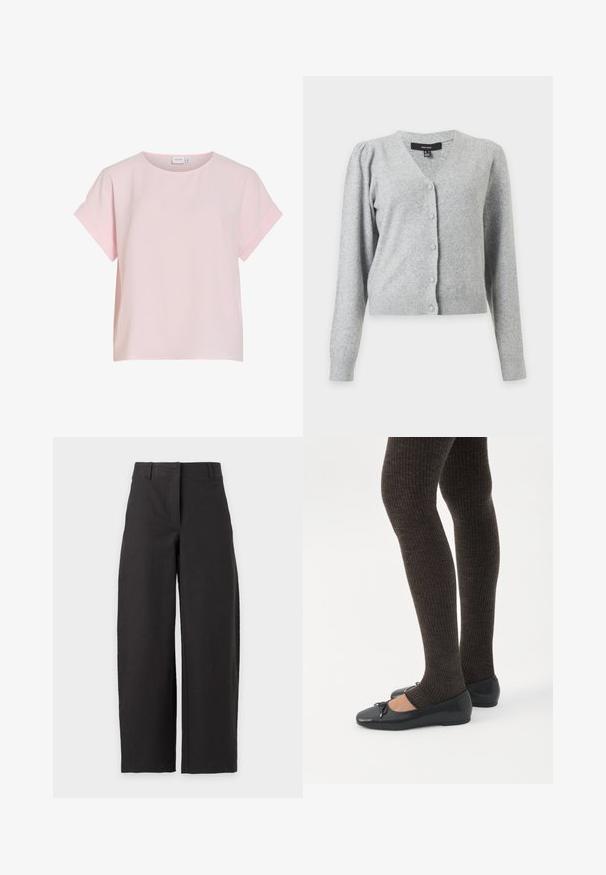 Cardigan en maille gris clair à manches longues, col en V, fermeture boutonnée devant, épaules légèrement bouffantes et poignets et ourlet côtelés.; Blouse rose clair à manches courtes avec col rond et poignets de manches pliés, en tissu doux et léger.; Pantalon noir à jambes larges avec taille haute et passants de ceinture, présenté sur fond blanc.; Jambes portant des leggings côtelés foncés associés à des ballerines noires avec de petits détails en nœud sur fond blanc.