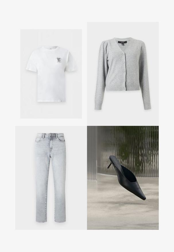 Cardigan en maille gris clair à manches longues, col en V, fermeture boutonnée devant, épaules légèrement bouffantes et poignets et ourlet côtelés.; T-shirt blanc à manches courtes avec col rond, petit motif noir avec un poisson et les mots « Fischl Surfwear » sur le côté gauche de la poitrine.; Jean droit gris clair avec fermeture à bouton, poches avant et passants pour ceinture, présenté sur un fond blanc uni.; Mule noire à bout pointu avec un talon fin et haut flottant au-dessus d'un sol en béton lisse, avec un arrière-plan flou à rayures verticales.