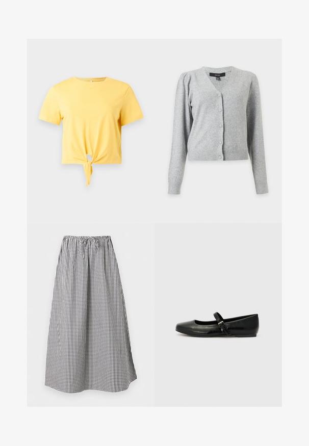 Cardigan en maille gris clair à manches longues, col en V, fermeture boutonnée devant, épaules légèrement bouffantes et poignets et ourlet côtelés.; T-shirt court jaune à manches courtes avec un nœud noué devant et un col rond sur fond blanc.; Jupe longue en ligne A avec motif vichy noir et blanc et taille élastique avec cordon de serrage.; Ballerines en cuir noir avec un bout arrondi, une semelle plate et une fine sangle ajustable sur le cou-de-pied avec une boucle en métal.