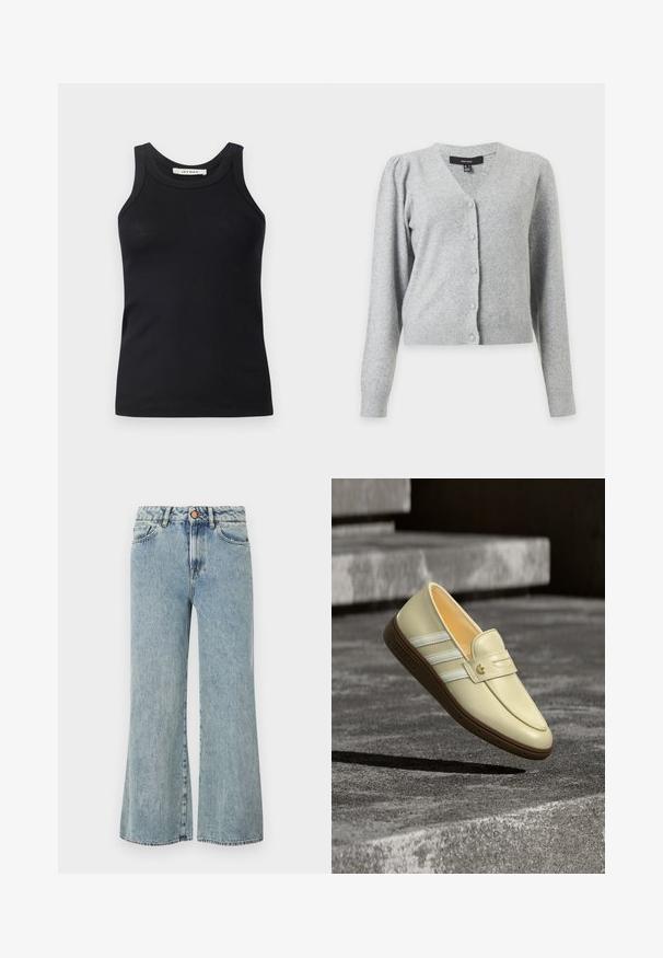 Lichtgrijze langarmige gebreide cardigan met V-hals, knoopsluiting aan de voorkant, licht opgepofte schouders en geribbelde boorden en zoom.; Zwarte geribbelde tanktop met een ronde halslijn en brede bandjes, gemaakt van zachte stof. Geen zichtbare patronen of hardware-details.; Lichtblauwe jeans met wijde pijpen, gemaakt van denim, met een hoge taille, vijf zakken en een knoopsluiting met ritssluiting.; Beige Adidas loafer met witte strepen en een bruine zool zwevend boven gestructureerde stenen treden buiten.