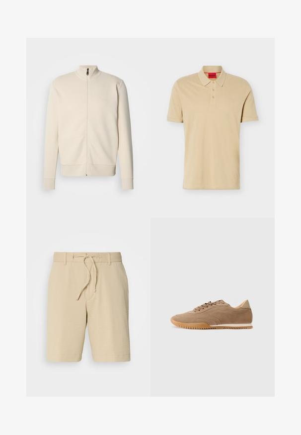 Sudadera beige con cremallera, cuello alto, puños y dobladillo acanalados. Presenta un logo sutil en el pecho y una tela suave y texturizada.; Polo beige de manga corta con tres botones y pequeño logo en relieve en el pecho, mostrado plano sobre fondo blanco.; Pantalones cortos beige de tela texturizada, con cintura elástica y cordón ajustable, y bolsillos laterales para mayor funcionalidad.; Zapatilla de ante marrón claro con suela de goma, capucha trasera, cordones planos y detalle texturizado en los laterales. Diseñada con un perfil bajo y puntera redondeada.