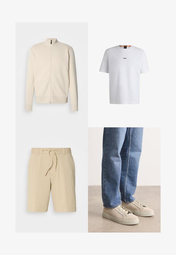 Beige lynlås-sweatshirt med høj krave, ribstrikkede manchetter og kant. Har et subtilt logo på brystet og blødt tekstureret stof.; Hvid bomuld T-shirt med korte ærmer, med et sort "BOSS" logo centreret på brystet og en rund halsudskæring.; Beige shorts lavet af tekstureret stof, med en elastisk talje med snøre og sidelommer for funktionalitet.; BOSS GARYTENN_SDHDEL - Sneakers - natural ten