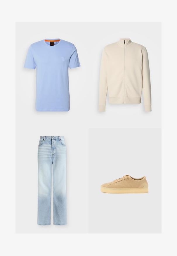 Sweat-shirt beige zippé avec col montant, poignets et ourlet côtelés. Présente un logo subtil sur la poitrine et un tissu doux et texturé.; T-shirt en coton bleu clair à manches courtes, à col rond, avec un petit patch logo en relief sur la poitrine. Col intérieur orange contrastant.; Jeans bleu clair taille haute à jambes droites, avec poches avant, passants de ceinture et fermeture par bouton.; Baskets basses en daim beige avec semelle épaisse en gomme, fermeture à lacets à l'avant, et logo discret sur le côté, sur un fond uni gris clair.