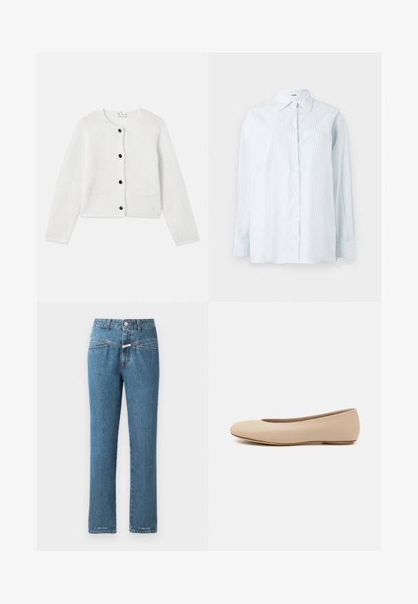 Hvid strikcardigan lavet af blødt, fluffy materiale. Rund hals, lukning foran med sorte knapper og to små lommer foran.; Lyseblå stribet skjorte med knapper lavet af stof med en glat tekstur; har en klassisk krave og lange ærmer med knapmanchetter.; CLOSED PEDAL PUSHER - Jeans Relaxed Fit - mid blue; Beige læder balletflade med afrundet tå, minimal sømdetaljering, lav hæl og subtilt logo på bagsiden. Glat, mat tekstur.