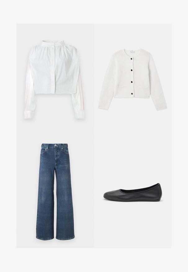 Cardigan blanc en matériau doux et duveteux. Col rond, fermeture à boutons à l'avant avec des boutons noirs, et deux petites poches à l'avant.; Blouse blanche courte à manches longues avec fines rayures verticales, empiècement froncé, col haut avec fermeture à un bouton.; Jean denim à jambes larges de couleur bleu foncé avec une légère texture délavée, doté d'une fermeture par bouton et zip, passants pour ceinture et style classique à cinq poches.; Ballerines en cuir noir avec un bout rond, texture lisse, détails de couture minimalistes et design de semelle flexible.
