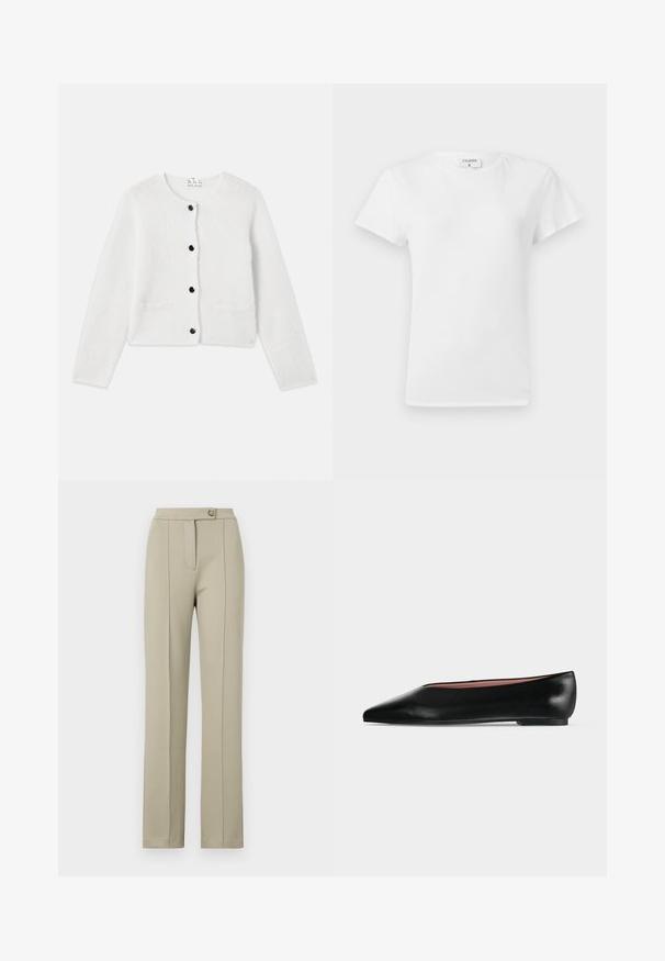 Hvid strikcardigan lavet af blødt, fluffy materiale. Rund hals, lukning foran med sorte knapper og to små lommer foran.; Hvid bomulds t-shirt med rund hals og korte ærmer, præsenteret i et afslappet fit og minimalistisk design. Etiketten er synlig ved halsen.; Beige skræddersyede bukser med lige pasform, der har en frontlynlås, en enkelt knaplukning og diskrete pressede folder ned ad frontbenene.; Sort damesko i læder med flad hæl og spids tå, vist fra siden på en ensfarvet lys grå baggrund.