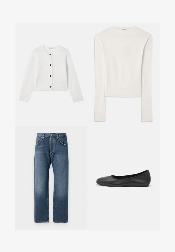 Witte cardigan gemaakt van zachte, pluizige stof. Ronde hals, sluiting met knopen aan de voorkant met zwarte knopen, en twee kleine zakken aan de voorkant.; Witte lange mouw top van katoen, met een eenvoudige ronde hals en een slim fit. De stof is glad met een lichte stretch.; Blauwe spijkerbroek met rechte pijpen, klassieke vijf-pocketontwerp en knoopsluiting, tentoongesteld tegen een witte achtergrond.; Zwarte leren ballerina met een ronde neus, gladde textuur, minimale stikdetails en een flexibele zoolontwerp.