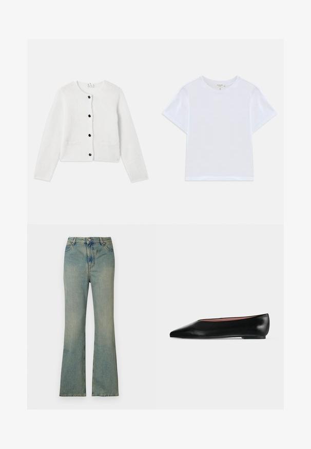 Hvid strikcardigan lavet af blødt, fluffy materiale. Rund hals, lukning foran med sorte knapper og to små lommer foran.; Hvid cropped t-shirt lavet af blødt bomuld, med rund hals og korte ærmer og en let løs pasform. Ingen mønstre eller accenter.; Lysblå denim flare jeans med høj talje, fem lommer og lynlås. Ren, falmet finish med subtile syninger.; Sort damesko i læder med flad hæl og spids tå, vist fra siden på en ensfarvet lys grå baggrund.