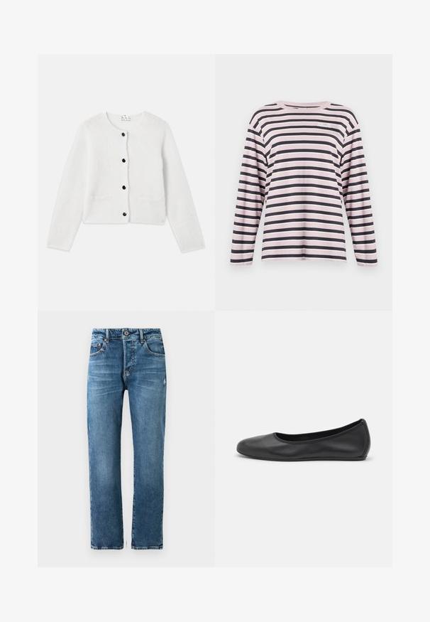 Hvid strikcardigan lavet af blødt, fluffy materiale. Rund hals, lukning foran med sorte knapper og to små lommer foran.; Lange ærmer pink og marineblå stribet skjorte, lavet af bomuldsmateriale, rund hals, med et lille broderet logo på venstre brystområde.; Herre blå denim jeans med lige pasform, fem lommer og knaplukning. Har let falmning og syet detaljer.; Sort læderballetsko med rund tå, glat tekstur, minimal syning og et fleksibelt såldesign.