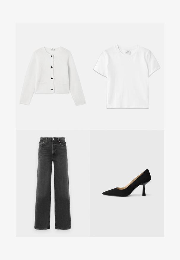 Hvid strikcardigan lavet af blødt, fluffy materiale. Rund hals, lukning foran med sorte knapper og to små lommer foran.; Hvid bomulds-t-shirt med rund hals, korte ærmer og lige kant. Mærke med teksten "Won Hundred" placeret i midten af halsudskæringen.; Sorte højtaljede lige ben denimjeans med frontknap og lynlås, to frontlommer og to baglommer.; Sorte ruskinds højhælede pumps med spids tå, der har en blank sort blokhæl og en glat indvendig foring.