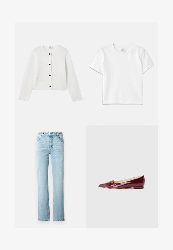 Cardigan blanc en matériau doux et duveteux. Col rond, fermeture à boutons à l'avant avec des boutons noirs, et deux petites poches à l'avant.; T-shirt en coton blanc avec un col rond, des manches courtes et un ourlet droit. Étiquette marquée "Won Hundred" au centre de l'encolure.; Jeans en denim bleu clair avec une coupe droite, un design à cinq poches et un léger évasement à l'ourlet. Fini avec des coutures contrastantes.; Ballerines en cuir verni bordeaux avec un bout pointu, présentant un petit détail découpé et un petit talon. Texture lisse et design épuré.