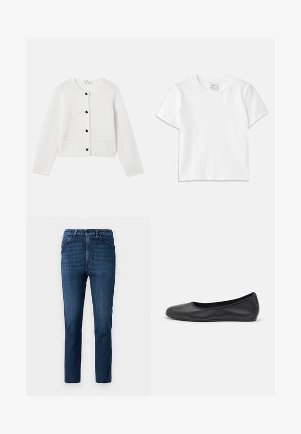 Cardigan blanc en matériau doux et duveteux. Col rond, fermeture à boutons à l'avant avec des boutons noirs, et deux petites poches à l'avant.; T-shirt en coton blanc avec un col rond, des manches courtes et un ourlet droit. Étiquette marquée "Won Hundred" au centre de l'encolure.; Jeans bleu ajustés avec un design classique à cinq poches et fermeture à bouton, présentant une légère décoloration et une coupe droite épurée.; Ballerines en cuir noir avec un bout rond, texture lisse, détails de couture minimalistes et design de semelle flexible.