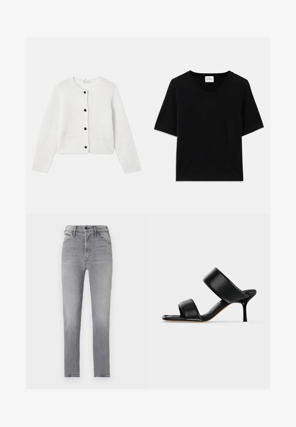 Cardigan blanc en matériau doux et duveteux. Col rond, fermeture à boutons à l'avant avec des boutons noirs, et deux petites poches à l'avant.; Haut tricot à manches courtes noir avec un col rond. Présente une texture lisse et des accents côtes le long du col et des manches.; Jean gris taille haute coupe slim avec bouton à l'avant, fermeture éclair et design à cinq poches, présenté sur un fond uni.; Sandale mule en cuir noir avec deux larges brides et un talon stiletto fin de hauteur moyenne sur un fond clair uni.