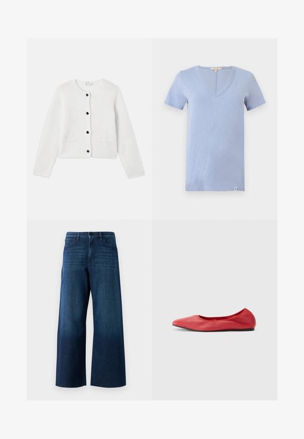 Hvid strikcardigan lavet af blødt, fluffy materiale. Rund hals, lukning foran med sorte knapper og to små lommer foran.; Lyseblå T-shirt med korte ærmer og V-udskæring med et lille mærke i bunden af kanten, vist på en ens hvid baggrund.; Bredde ben mørkeblå denimjeans med frontknap, bæltestropper og klassisk fem-lomme design på ensfarvet baggrund.; Filippa K REY FLATS - Ballerinasko - bright red