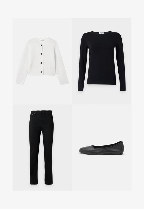 Weißer Cardigan aus weichem, flauschigem Material. Runder Ausschnitt, Frontknopfverschluss mit schwarzen Knöpfen und zwei kleinen Taschen auf der Vorderseite.; Langärmliges schwarzes Shirt aus weichem Stoff, mit Rundhalsausschnitt, geradem Schnitt und minimalen Nähten für ein sauberes Erscheinungsbild.; Schwarze Jeans aus Denim mit geradem Schnitt, mit Knopfverschluss, fünf Taschen und dezenten Nähdetails. Glatte Textur, klassisches Design.; Schwarze Leder-Ballettschuhe mit abgerundeter Spitze, glatter Textur, minimalen Nähdetails und einem flexiblen Sohlen-Design.