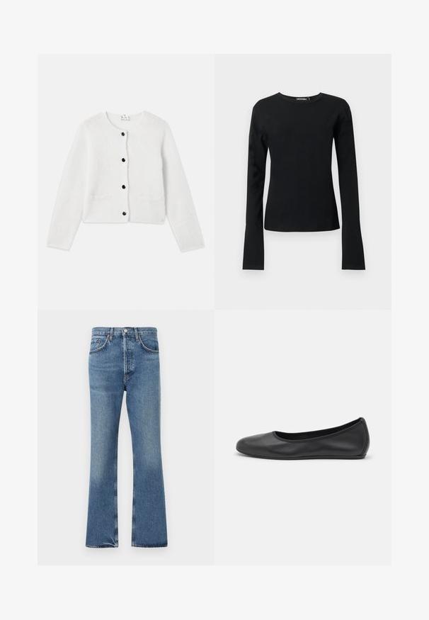 Cardigan blanc en matériau doux et duveteux. Col rond, fermeture à boutons à l'avant avec des boutons noirs, et deux petites poches à l'avant.; T-shirt noir ajusté à manches longues avec col rond, ourlet droit et tissu lisse, présenté sur un fond clair uni.; Jean en denim bleu taille haute, fermeture à boutons et fermeture éclair, poches avant et arrière, et jambes légèrement évasées.; Ballerines en cuir noir avec un bout rond, texture lisse, détails de couture minimalistes et design de semelle flexible.