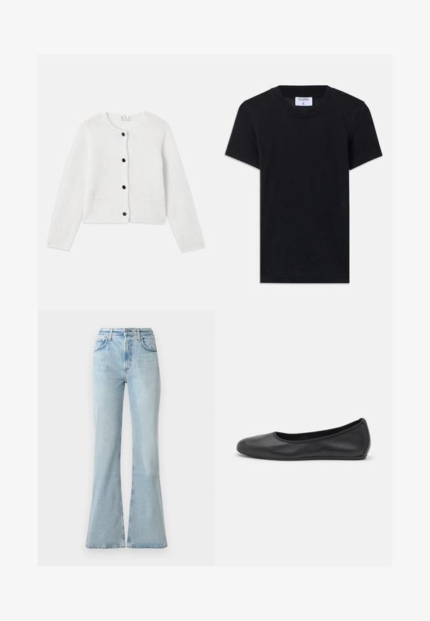 Hvid strikcardigan lavet af blødt, fluffy materiale. Rund hals, lukning foran med sorte knapper og to små lommer foran.; Sort bomulds T-shirt med rund hals, korte ærmer og en afslappet pasform. Etiketten viser "FILIPPA K" ved halsudskæringen.; Lys blå denim flare jeans med høj talje, der har forlommer, knaplukning og en let slidt tekstur.; Sort læderballetsko med rund tå, glat tekstur, minimal syning og et fleksibelt såldesign.