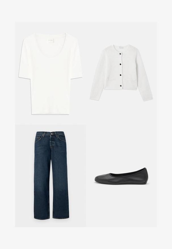 Cardigan blanc en matériau doux et duveteux. Col rond, fermeture à boutons à l'avant avec des boutons noirs, et deux petites poches à l'avant.; T-shirt blanc à manches courtes avec un col rond. Fabriqué en coton doux, il présente une coupe décontractée et un design minimaliste.; Jeans en denim bleu foncé avec une coupe droite, cinq poches et quincaillerie en métal. Présente une légère décoloration et un ourlet soigné.; Ballerines en cuir noir avec un bout rond, texture lisse, détails de couture minimalistes et design de semelle flexible.