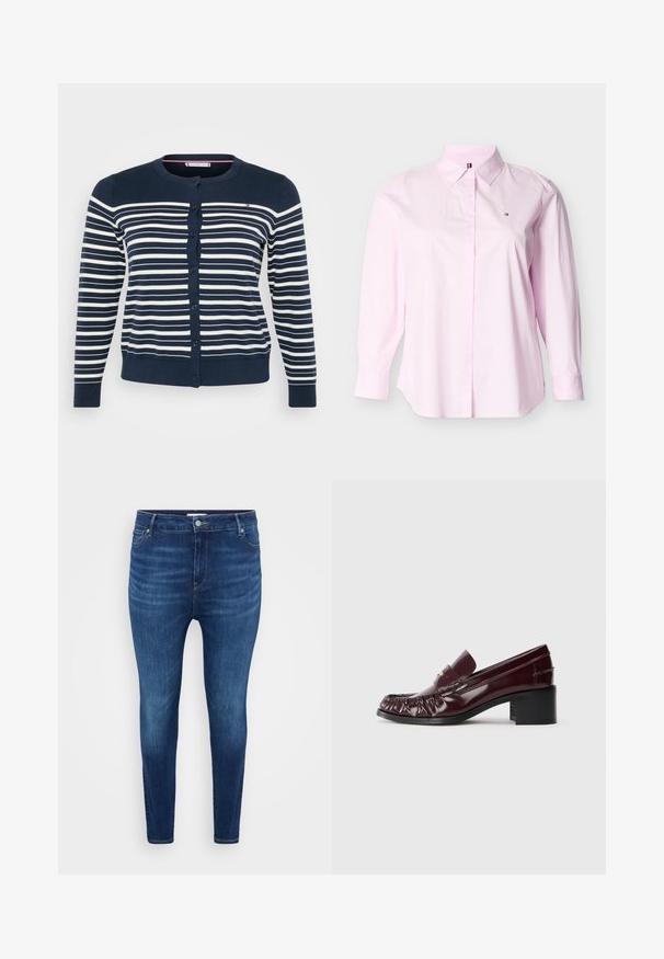 Mørkeblå cardigan med vandrette hvide striber, der har rund halsudskæring og knaplukning. Ribbet lethed og manchetter. Blødt, glat materiale.; Lyserød skjortebluse med klassisk krave, lange ærmer og en lille logo-accent. Fremstillet i blødt bomuldsstof.; Mørkeblå skinny jeans med forlommer, bæltestropper og knaplukning på en ensfarvet lys baggrund.; Bordeaux læderloafer med rund tå, samlet tekstur foran og en kort, sort blokhæl. Guldaccents på vamps.