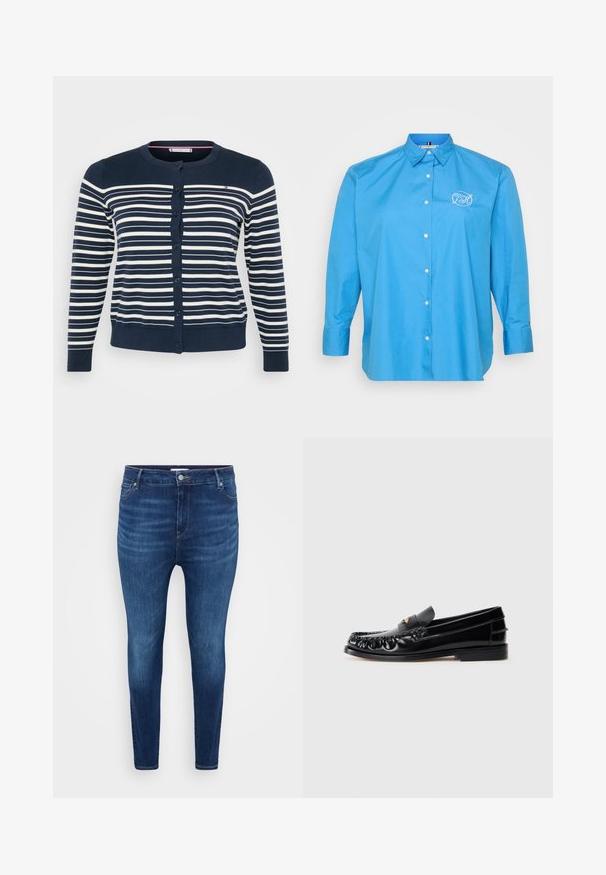 Mørkeblå cardigan med vandrette hvide striber, der har rund halsudskæring og knaplukning. Ribbet lethed og manchetter. Blødt, glat materiale.; Lyseblå skjorte med lange ærmer og knaplukning, der har en klassisk krave, hvid broderet logo og en frontknaplukning med en subtil glans.; Mørkeblå skinny jeans med forlommer, bæltestropper og knaplukning på en ensfarvet lys baggrund.; Sorte læder loafers med rund tå, dekorativ sying og en lille gul accent på vampen. Flad gummisål, slankt design.