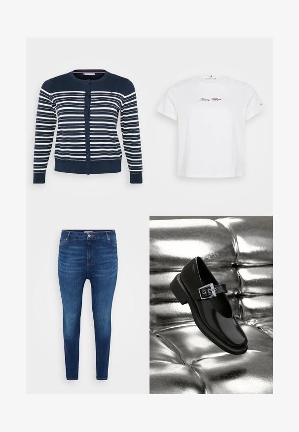 Gilet bleu marine avec des rayures blanches horizontales, doté d'un col rond et d'une fermeture à boutons. Ourlet et poignets côtelés. Texture douce et lisse.; Tommy Hilfiger Curve CLASSIC SCRIPT TEE - T-shirt imprimé - ecru; Jean skinny bleu foncé avec poches avant, passants de ceinture et fermeture à bouton sur un fond uni clair.; Chaussure Mary Jane en cuir noir avec un bout carré, un accent de boucle en argent et un talon bas épais, sur un fond argenté brillant.