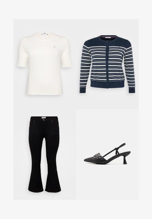 Gilet bleu marine avec des rayures blanches horizontales, doté d'un col rond et d'une fermeture à boutons. Ourlet et poignets côtelés. Texture douce et lisse.; T-shirt côtelé à manches courtes, de couleur crème, avec un petit logo sur la poitrine gauche. Design décontracté et ajusté, convenant à diverses occasions.; Jeans évasés noirs en denim doux, avec une taille cintrée, des poches avant et un ourlet évasé pour un ajustement décontracté.; Simmi London DALA - Escarpins - black