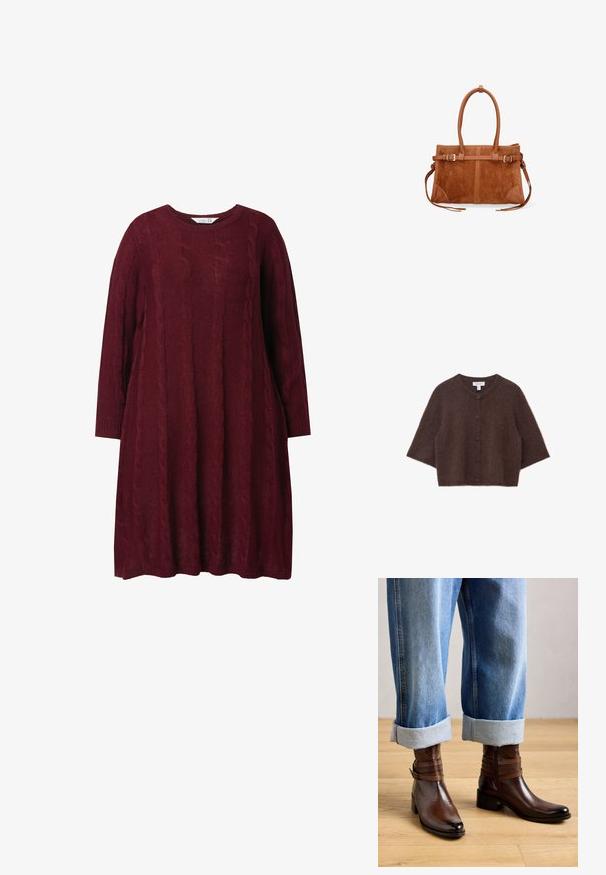 Cardigan en tricot marron, court, avec un col rond, des manches courtes et six grands boutons sur le devant ; texture douce et duveteuse.; Robe tricotée bordeaux avec un col rond, manches longues et motif en maille torsadée. Coupe ample, avec des poignets et un ourlet côtelés.; Une paire de bottines brunes avec boucle et fermeture éclair, portées avec un jean bleu retroussé sur un sol en bois clair.; Sac à main en suède marron avec des accents en cuir, présentant un design structuré, deux poignées et des sangles latérales ajustables.