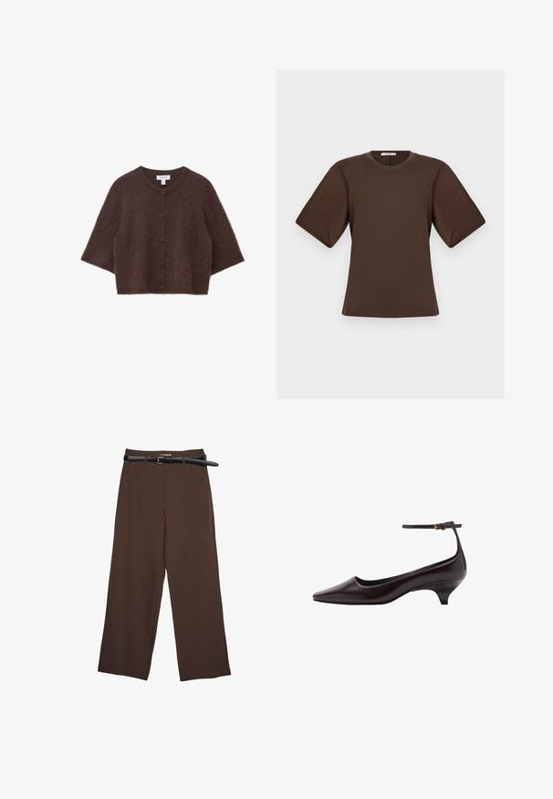 Cardigan en tricot marron, court, avec un col rond, des manches courtes et six grands boutons sur le devant ; texture douce et duveteuse.; Haut marron à manches courtes larges et col rond, présenté à plat sur un fond gris clair.; Pantalons larges marron avec une texture lisse, dotés d'une ceinture noire et d'une taille ajustée, offrant une coupe structurée.; Chaussure à talon aiguille en cuir brun foncé, à bout pointu, avec une fine bride de cheville et une petite boucle dorée.