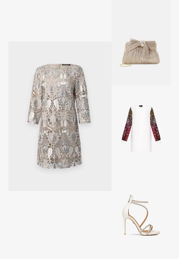 Weißer Cardigan mit langen Ärmeln, verziert mit einem Farbverlauf aus Pailletten von Gold bis Dunkelrot. Weicher Stoff mit tiefem V-Ausschnitt und gerippten Bündchen.; Beiges Kleid mit aufwendigem silbernen floralen Spitzenüberzug, dreiviertelärmel, rundem Ausschnitt und einem Reißverschluss auf der Rückseite. Strukturiertes Design-Detail.; Weiße High-Heel-Sandale mit funkelnden silbernen Riemen, offener Zehenbereich und einem Reißverschluss auf der Rückseite. Glatte Textur, elegantes Design und spitze Ferse.; Metallisch goldfarbene Clutch-Tasche mit plissiertem Stoff, einschließlich einer Schleifendetail oben und einem goldenen Kettenriemen für Vielseitigkeit und einfachen Transport.