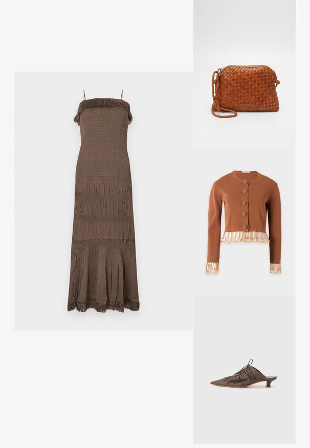 Cardigan court marron avec manches longues, encolure ronde, boutons recouverts de tissu et détails à franges sur les poignets et l'ourlet.; Robe marron sans manches avec un corsage smocké, une jupe à volants et des détails à franges au niveau de l'encolure et de l'ourlet. Tissu doux et texturé.; Mule en cuir marron avec un bout pointu, texture froncée, petit talon et un accent de cordon de serrage à l'ouverture. Fini lisse.; Sac en cuir tressé marron en bandoulière avec une fermeture éclair, de forme arrondie et une poignée tressée. Il présente une petite plaque logo rectangulaire.