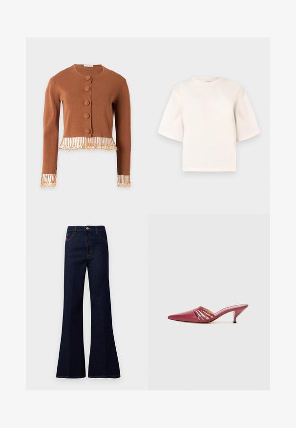 Brun cropped cardigan med lange ærmer, rund halsudskæring, stofbetrukne knapper og frynser på ærmekanter og kant.; Kortærmet beige bomulds T-shirt med rund halsudskæring og oversize pasform. Glat tekstur uden mønstre eller hardware-detaljer.; Mørkeblå højtaljede flagrende jeans med frontknap, lynlås, sidelommer og baglommer samt kontrastsyning.; Røde lædermules med spids tå og lav hæl, med udskårne sideaccenter og en glat tekstur. Slankt og strømlinet design.