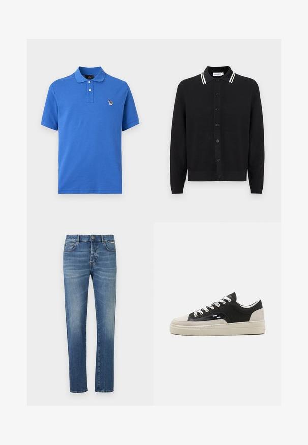Cardigan noir à boutons avec des manches longues et un col, comportant deux rayures blanches, présenté sur un fond uni.; Polo bleu à manches courtes avec deux boutons blancs et un petit logo zèbre multicolore brodé sur la poitrine gauche.; Jean en denim bleu coupe droite, avec design à cinq poches, motif délavé et fermeture par bouton métallique à la taille.; Baskets noires en toile avec une semelle en caoutchouc beige, lacets blancs et accents en cuir sur le bout et sur le côté. Détail de logo subtil sur le talon.