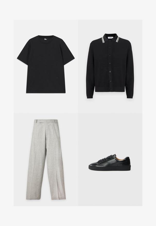 Schwarze, knöpfbare Strickjacke mit langen Ärmeln und Kragen, verziert mit zwei weißen Streifen, auf einem schlichten Hintergrund präsentiert.; Schwarzes Kurzarm-T-Shirt aus Baumwolle mit rundem Halsausschnitt und einem kleinen Logo-Detail am Saum. Glatte Textur, reguläre Passform.; Hellgraue weite Hose mit vorderen Falten, Gürtelschlaufen und geradem Schnitt, dargestellt vor einem schlichten weißen Hintergrund.; Schwarze Leder-Sneaker mit glatter Textur, runder Zehenpartie und Schnürverschluss. Verfügt über eine dicke Gummisohle und minimalistische Marken-Details.