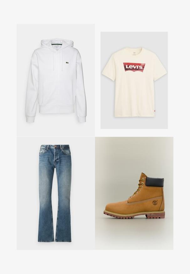 Haut à fermeture éclair blanc en mélange de coton, avec une poche avant, une capuche ajustable à cordon et un petit logo vert Lacoste.; T-shirt blanc à manches courtes avec un logo Levi's rouge vieilli au centre et une petite étiquette Levi's rouge sur la couture latérale.; Jeans en denim bleu avec un effet délavé, coupe droite, fermeture à bouton et fermeture éclair, et design à cinq poches.; Bottine en cuir marron avec col noir, lacets jaunes et semelle beige. Présente un logo et des détails de couture blanche. Semelle extérieure à traction robuste.