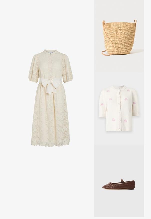 Weißer gestrickter Kurzarm-Cardigan mit rundem Ausschnitt, Knöpfen vorne und kleinen rosa bestickten Rosenmustern, die vorne und an den Ärmeln verteilt sind.; Spitzenkleid in Off-White mit hohem Kragen, kurzen Puffärmeln, Knopfleiste und einem Stoffgürtel. Detaillierter gewellter Saum mit Blumemustern.; Braune gewobene Leder-Ballerinas mit runder Zehe, kleiner Schleifenakzent und elastischem Riemen über dem Knöchel für einen sicheren Sitz.; Gewebte Strohbucket-Tasche mit strukturiertem Muster und Lederriemen, aufrecht stehend vor einem schlichten hellen Hintergrund.