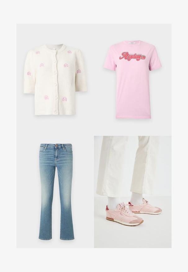 Weißer gestrickter Kurzarm-Cardigan mit rundem Ausschnitt, Knöpfen vorne und kleinen rosa bestickten Rosenmustern, die vorne und an den Ärmeln verteilt sind.; Hellrosa kurzärmeliges T-Shirt mit dem Schriftzug "Hot & Sweet Replay" und einer Grafik von zwei Erdbeeren, zentriert auf der Brust.; Hellblaue Jeans mit ausgestelltem Bein aus Denim, mit einem ausgewaschenen Look, fünf Taschen, Gürtelschlaufen und einem vorderen Knopfverschluss.; Rosa Sport Schuhe mit einer Kombination aus glatten und strukturierten Materialien. Merkmale sind ein bordeauxfarbener Akzent an der Ferse und eine weiße Gummisohle.