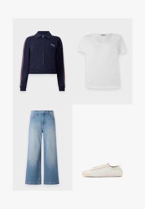 Chaqueta corta de color azul marino hecha de una tela suave, con cierre de cremallera, cuello y franjas contrastantes en rojo y blanco a lo largo de las mangas.; Camiseta blanca de manga corta, hecha de una tela suave, con cuello redondo y dobladillo recto, sin patrones visibles ni acentos.; Jeans de mezclilla de tiro alto de denim azul claro con corte ancho, diseño de cinco bolsillos, costuras visibles y cierre de botón en la parte delantera.; Zapatillas de cuero crema con puntera redondeada, diseño de cordones, acentos texturizados y suela de goma texturizada con patrón de tracción en zigzag.