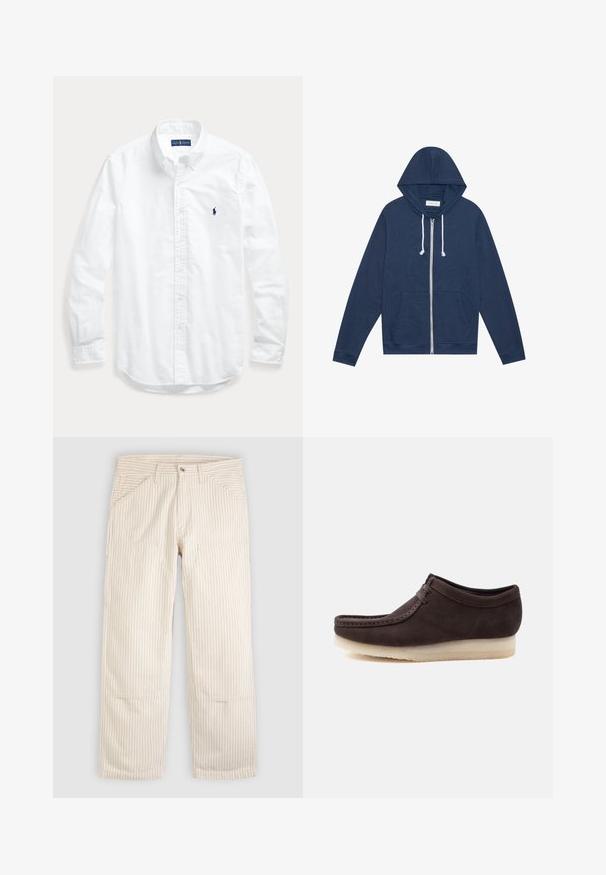 Marineblaue Zip-Hoodie mit weißen Kordeln, Fronttaschen, langen Ärmeln und einem "Pier One"-Etikett im Kragen.; Weißes Hemd mit langen Ärmeln, Knopfleiste und Kragen, mit kleinem dunklem Logo auf der linken Brust, flach auf einem hellen Hintergrund liegend.; Beige gestreifte Baumwollhose mit geradem Schnitt. Verfügt über Fronttaschen und einen Knopfverschluss. Vertikales Linienmuster auf dem Stoff.; Dunkelbrauner Schnür-Mokassinschuh mit beiger Kreppsohle, Seitenansicht auf einfachem hellem Hintergrund.