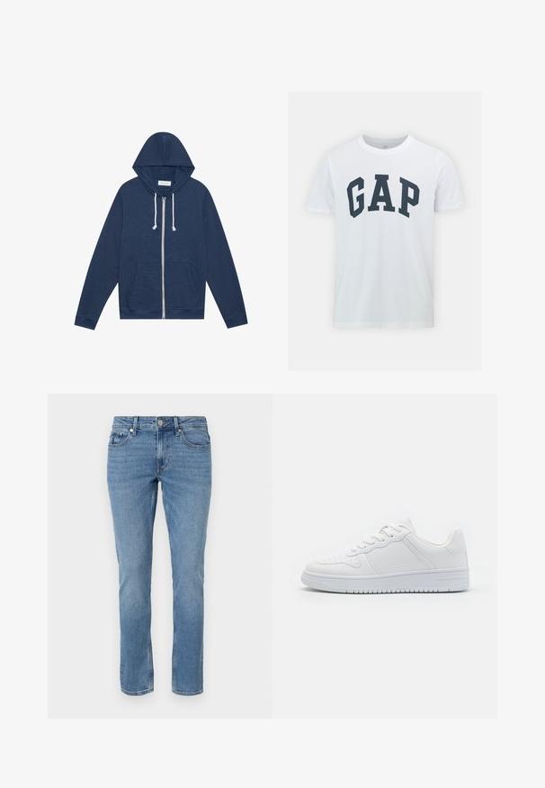 Marineblauwe ritshoodie met witte trekkoorden, voorzakken, lange mouwen en een "Pier One" label aan de binnenkant van de kraag.; GAP EVERYDAY SOFT BASIC LOGO - T-shirt print - white global; Blauwe rechte spijkerbroek met voorzakken, riemlussen en een knopen sluiting.; Witte sneakers van glad synthetisch materiaal, met platte veters, geperforeerde neus en een rubberen zool met een gestructureerd grippatroon.