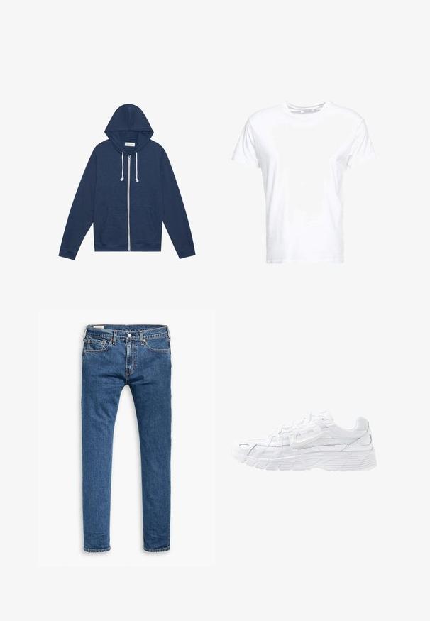 Sweat à capuche zippé bleu marine avec des cordons blancs, poches avant, manches longues et étiquette "Pier One" à l'intérieur du col.; T-shirt en coton blanc avec un col rond et des manches courtes, au fit classique et à la texture lisse. Aucun motif ni accessoire visible.; Jeans slim fit en denim bleu avec cinq poches, bouton avant et passants de ceinture, présentés à plat sur un fond blanc.; Nike Sportswear P 6000 - Baskets basses - white/platinum tint