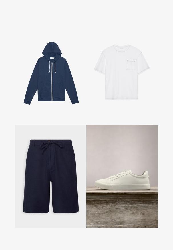Sudadera de cremallera azul marino con cordones blancos, bolsillos frontales, mangas largas y una etiqueta "Pier One" en el cuello.; Camiseta de algodón blanca con mangas cortas, cuello redondo y un bolsillo en el pecho. Presenta costuras en contraste a lo largo de los bordes.; Pantalones cortos azul marino hechos de una tela ligera, con cintura ajustable, cierre de botón y bolsillos laterales. Textura suave y corte entallado.; Zapatilla blanca con cordones flotando sobre un banco de madera con follaje verde al fondo, mostrando el diseño y la textura del zapato.