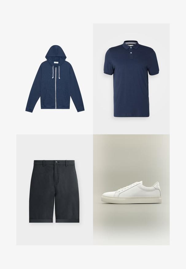 Marineblaue Zip-Hoodie mit weißen Kordeln, Fronttaschen, langen Ärmeln und einem "Pier One"-Etikett im Kragen.; Navyblaues Poloshirt aus weicher Baumwolle, mit kragenförmigem Ausschnitt, zwei Knöpfen und kurzen Ärmeln. Gestreifte Innensaum-Detail.; Schwarze knielange Shorts mit umgeschlagenen Säumen, Knopfverschluss, Gürtelschlaufen und flachem Vorderdesign auf einfachem weißem Hintergrund.; Weißer Sneaker mit niedrigem Schaft, vorn mit Schnürung und dicker Sohle, aus der Seitenansicht vor neutralem Hintergrund.