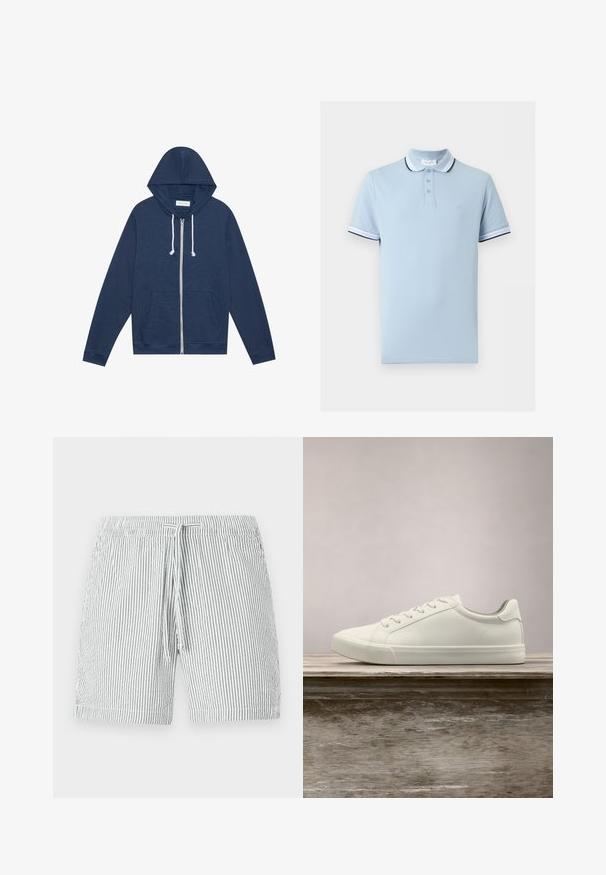 Sweat à capuche zippé bleu marine avec des cordons blancs, poches avant, manches longues et étiquette "Pier One" à l'intérieur du col.; Polo bleu clair à manches courtes avec col et bordures de manches rayés blanc et noir, patte de boutonnage à trois boutons, et logo discret sur la poitrine.; Shorts de bain rayés en gris et blanc, avec une taille élastique à cordon de serrage, conception mi-longue et matériau doux et léger.; Sneaker en dentelle blanche flottant au-dessus d'un banc en bois avec un feuillage vert en arrière-plan, mettant en valeur le design et la texture de la chaussure.