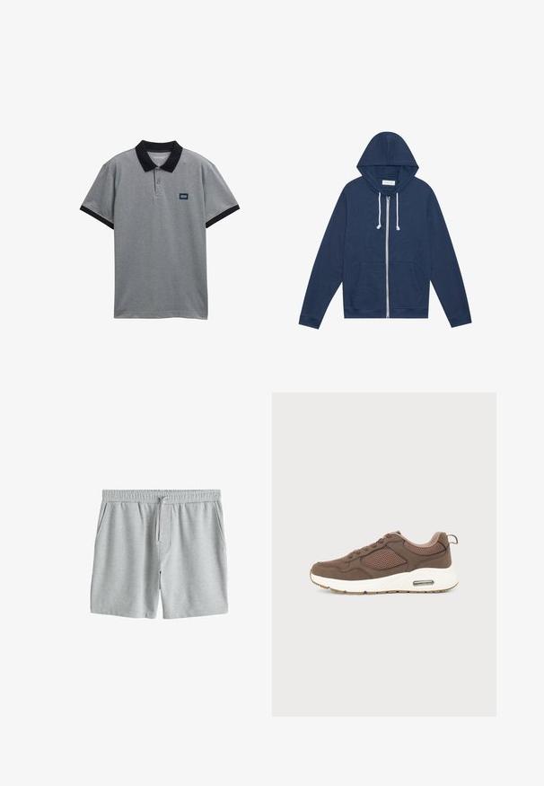 Sudadera de cremallera azul marino con cordones blancos, bolsillos frontales, mangas largas y una etiqueta "Pier One" en el cuello.; Camisa polo gris con cuello y acentos en las mangas en negro. Cuenta con cierre de tres botones y un pequeño parche de logo en el pecho. Tejido de mezcla de algodón.; Pantalones cortos casuales de color gris claro con cinturilla elástica, cordón ajustable, bolsillos laterales y una sutil textura en forma de chevron, extendidos sobre un fondo blanco.; Zapatilla marrón de malla y ante con suela blanca y cojín de aire visible, cierre con cordones y lengüeta en el talón.